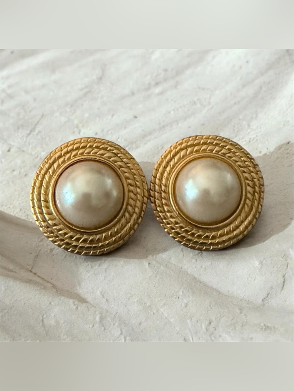 Anne Klein Gold Tone Faux Pearl Clip-On Earrings | Vintage Textured Round State